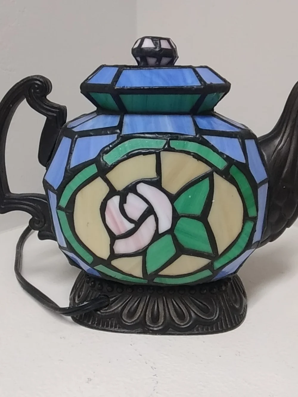 Tiffany Style Stained Glass Teapot Accent Lamp W/ Roses Nightlight Mood Light